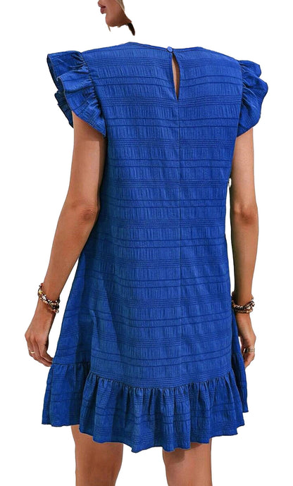Back view of a dark blue ruffled mini dress by LuckeLadybug with short sleeves and a keyhole detail