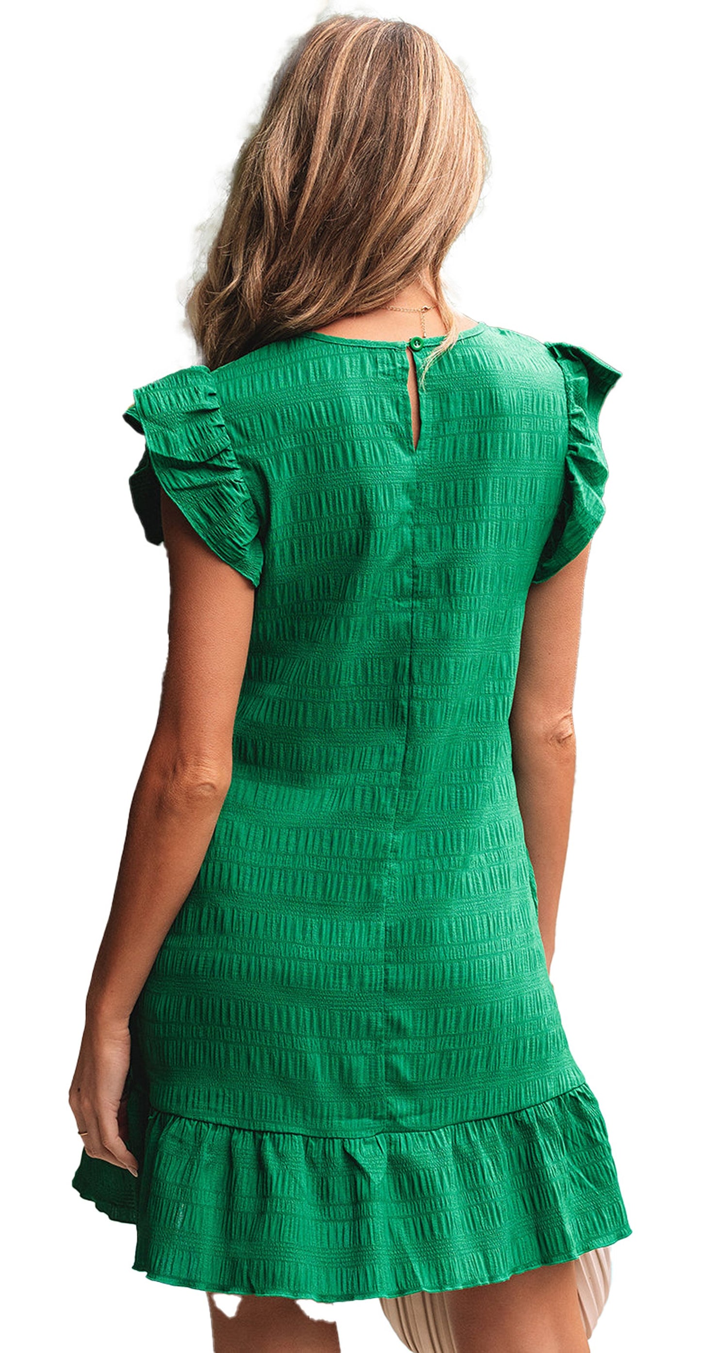 Back view of a dark green flutter sleeve mini dress with ruffle hem and textured fabric