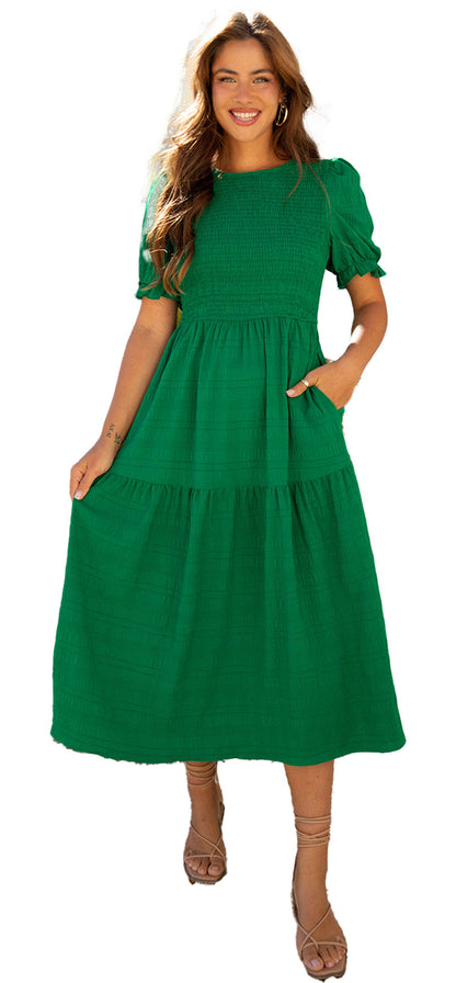 LuckeLadybug dark green smocked dress with puff sleeves and tiered skirt, perfect for summer outings