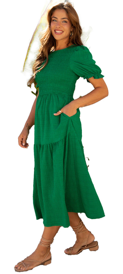 LuckeLadybug dark green smocked dress with tiered skirt and puff sleeves, perfect for casual outings