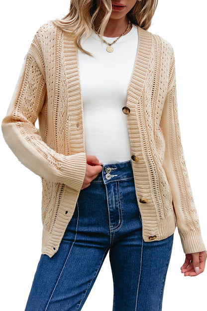 LuckeLadybug dark khaki open knit cardigan with button closure and stylish open design