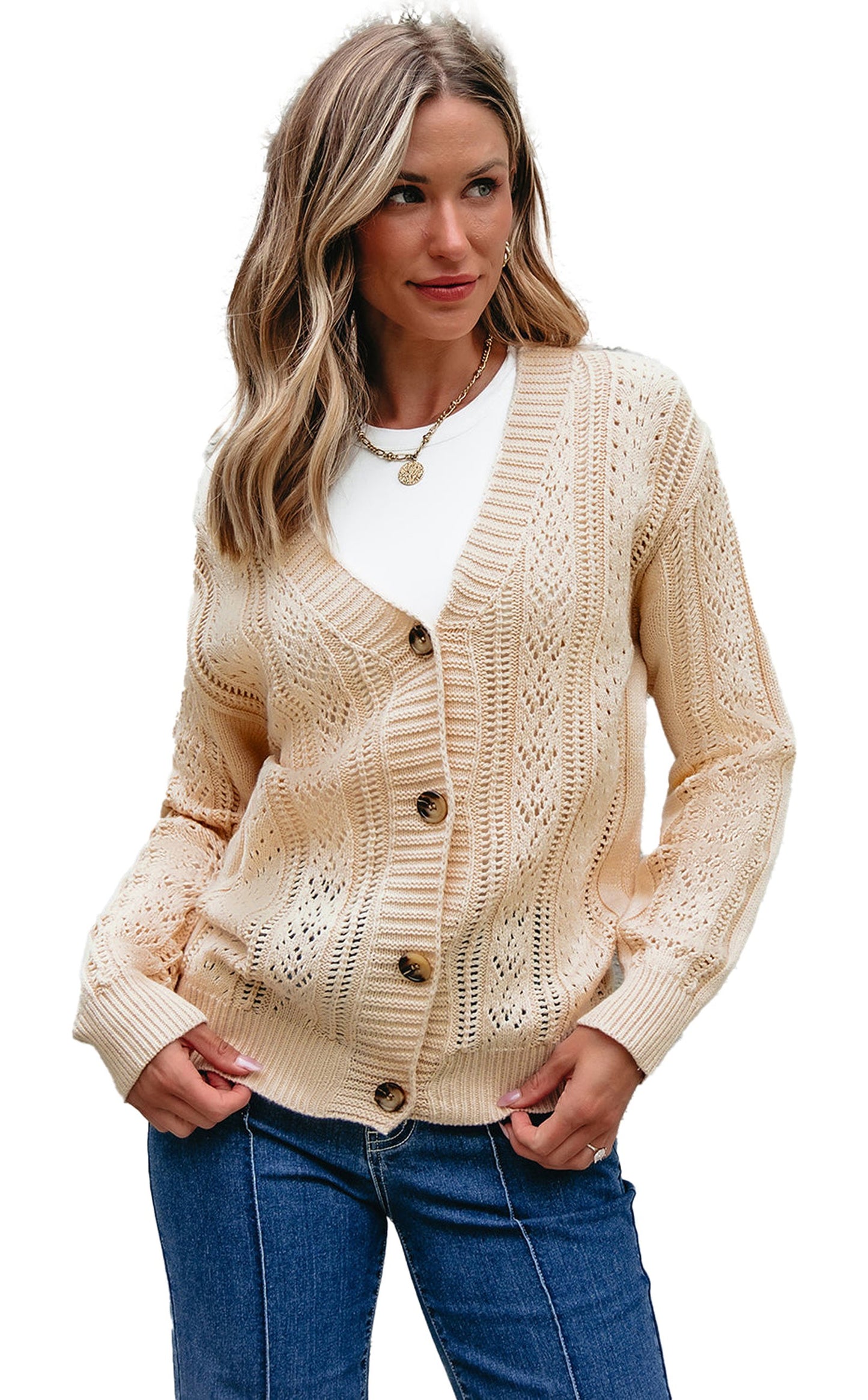 Light beige sweater featuring a button-up style and open knit design, resembling a dark khaki open knit cardigan