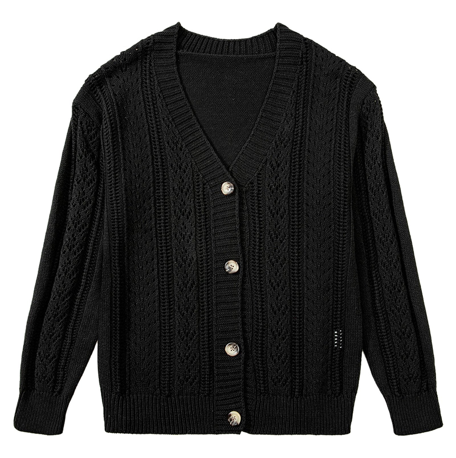 Dark khaki open knit cardigan with button closure and textured pattern for stylish layering