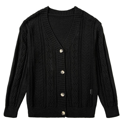 Dark khaki open knit cardigan with button closure and textured pattern for stylish layering