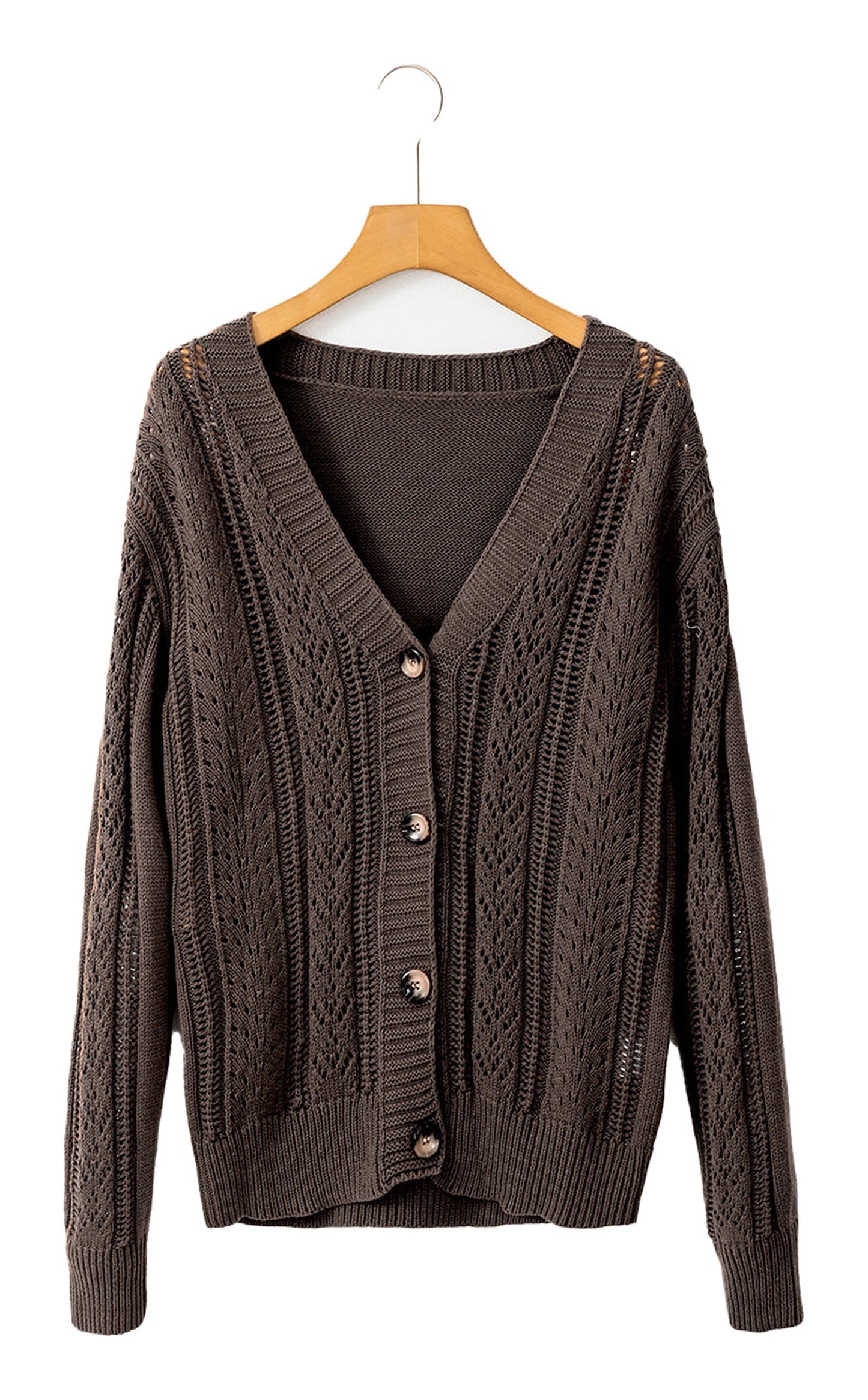 Dark khaki open knit cardigan featuring a deep V neckline and button front closure
