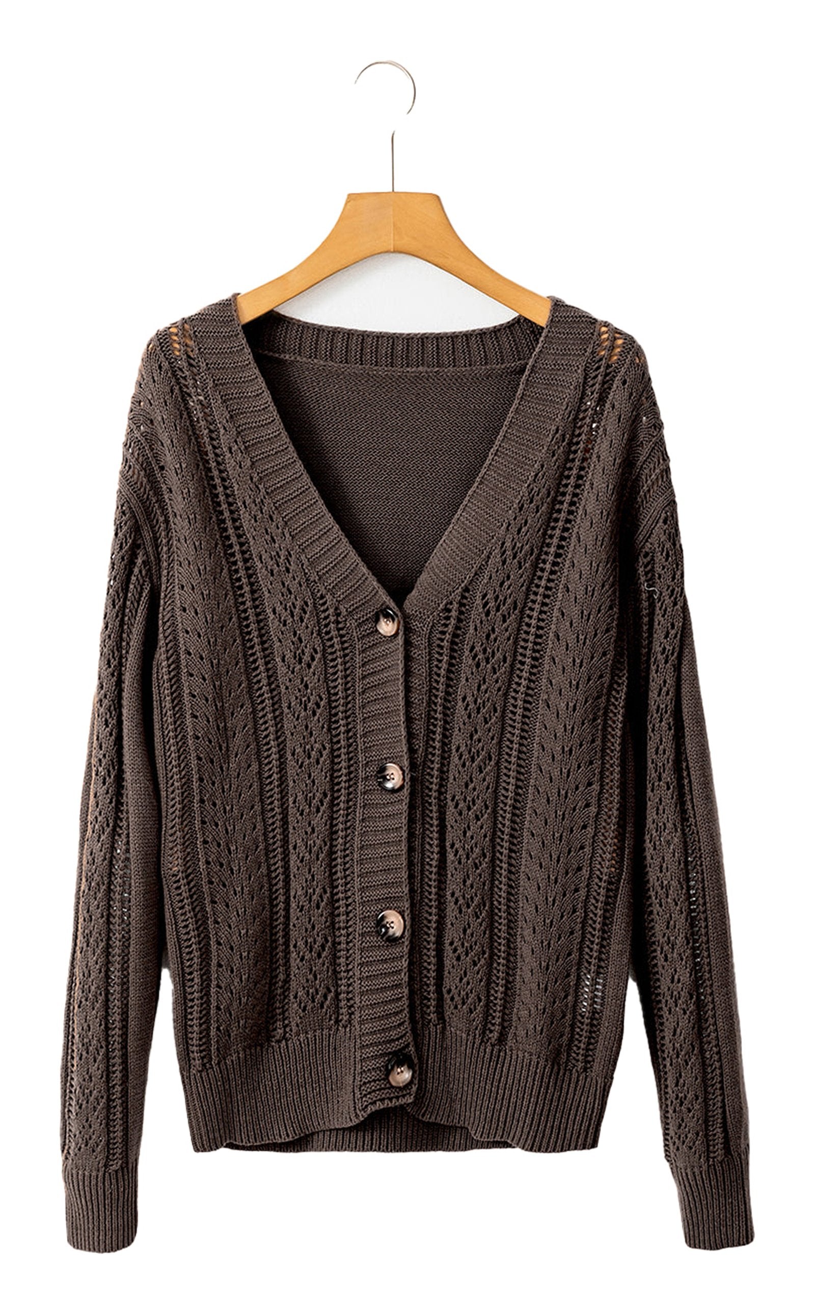 Dark khaki open knit cardigan featuring a deep V neckline and button front closure