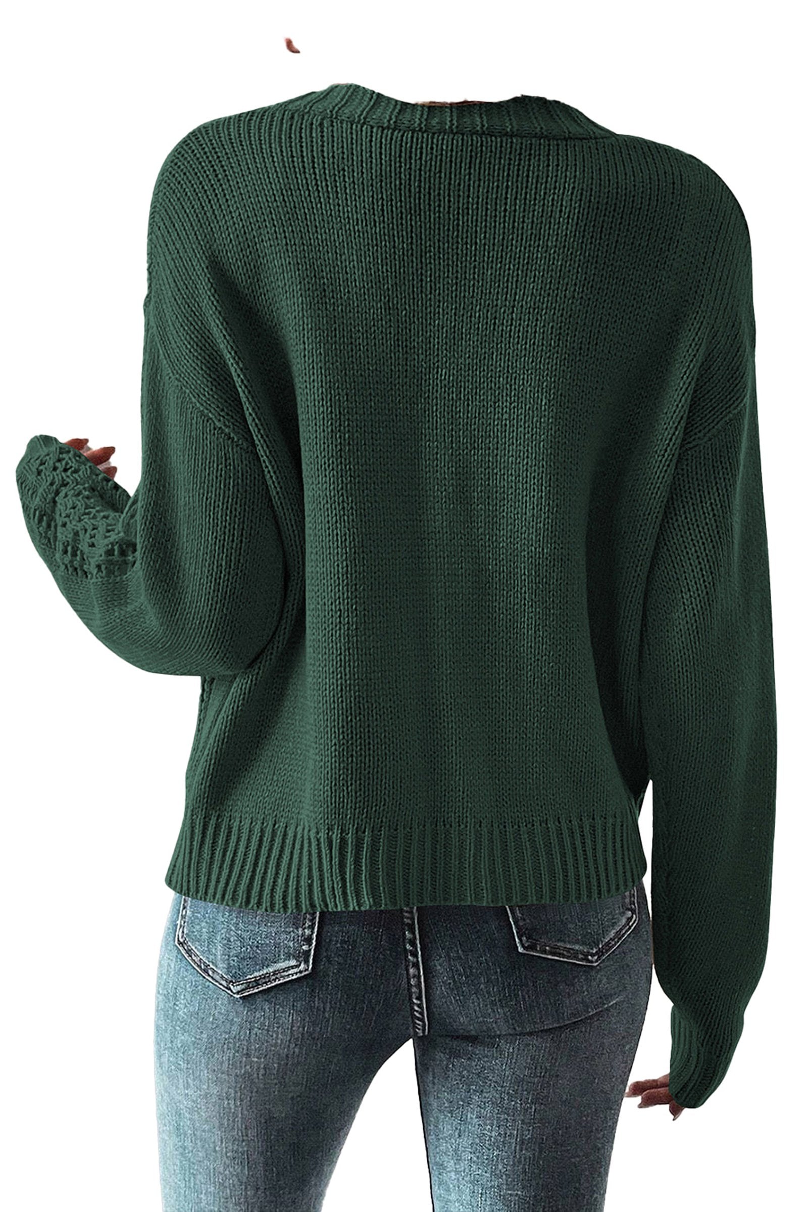 Dark khaki open knit cardigan with a relaxed fit and subtle textured detailing on the sleeves