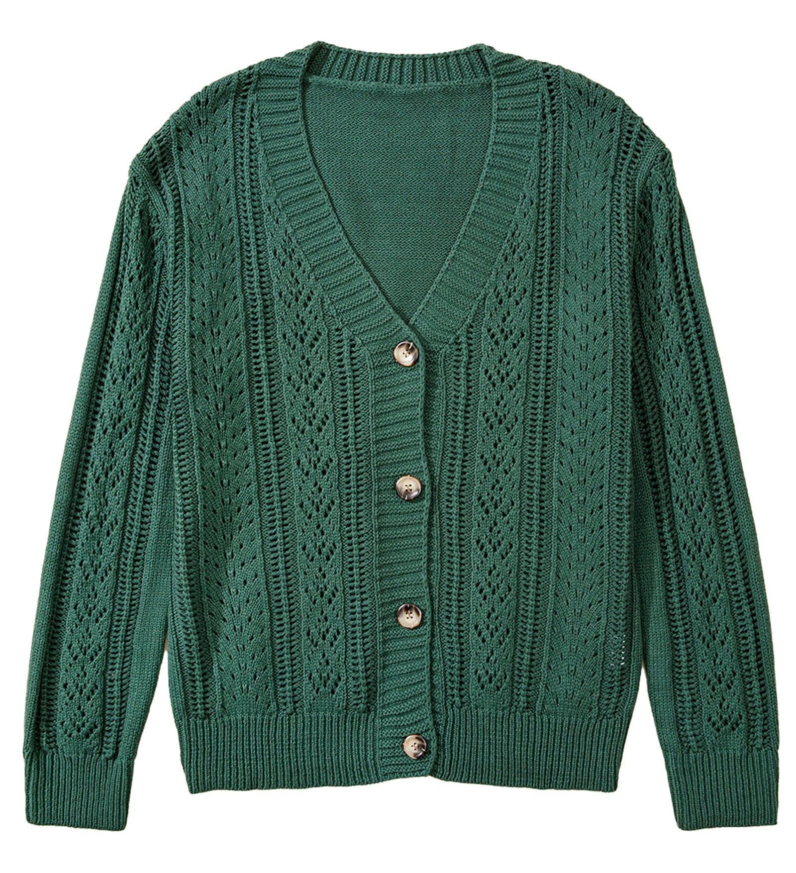 Dark khaki open knit cardigan with button closure and textured patterns for a stylish layer