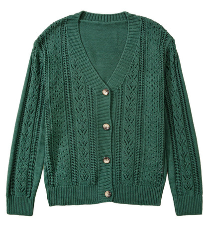 Dark khaki open knit cardigan with button closure and textured patterns for a stylish layer