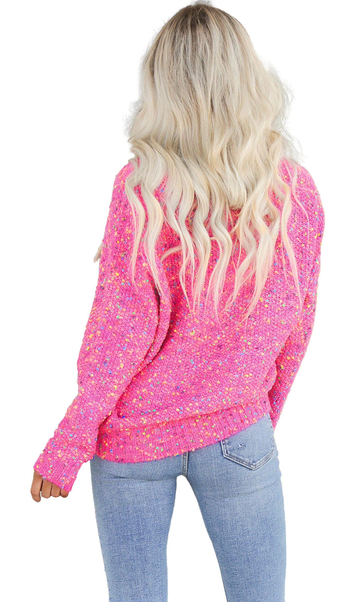 LuckeLadybug dark pink v neck sweater with a relaxed fit, perfect for casual styling