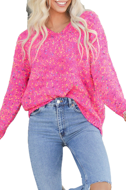 LuckeLadybug dark pink v neck sweater with a cozy knit texture and relaxed fit