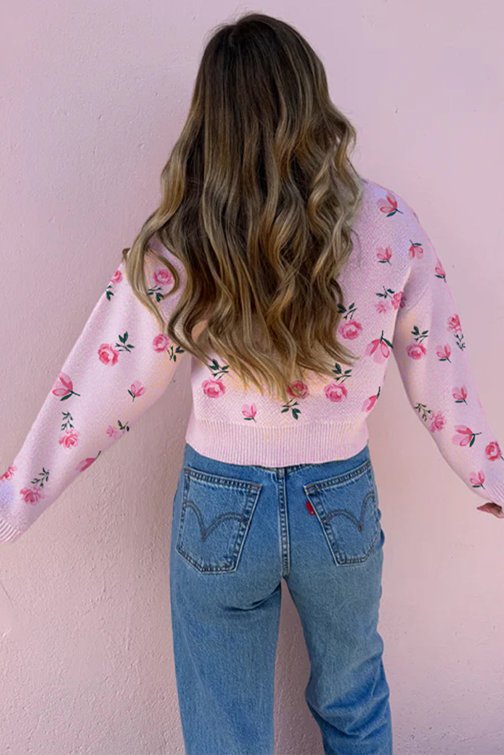 Floral Print Cropped Sweater For Trendy Style