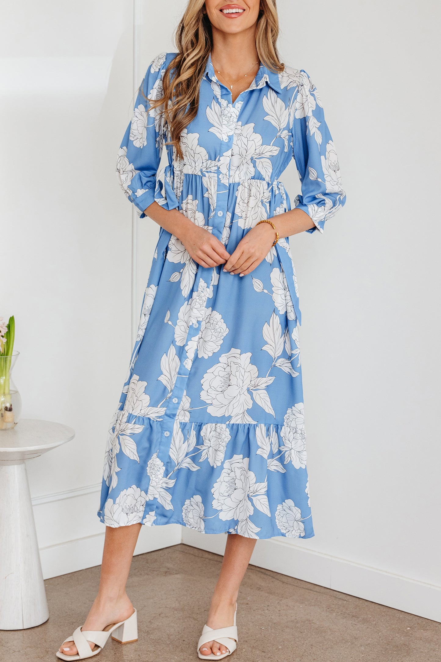 Sky Blue Floral Maxi Dress Buttoned Flowy