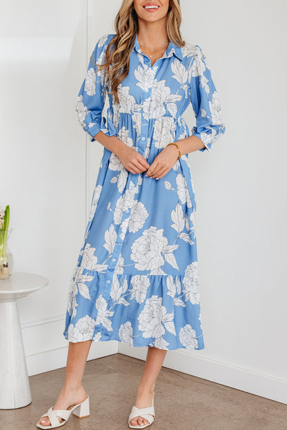 Sky Blue Floral Maxi Dress Buttoned Flowy
