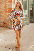 Orange Floral Mini Dress Boho V-Neck
