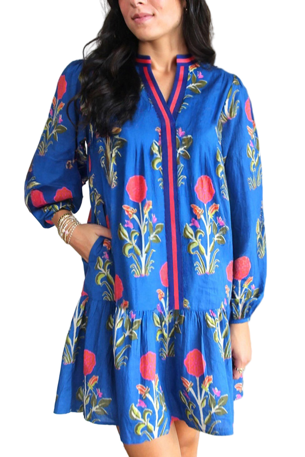 Sky Blue Floral Print Dress V-Neck, Pockets