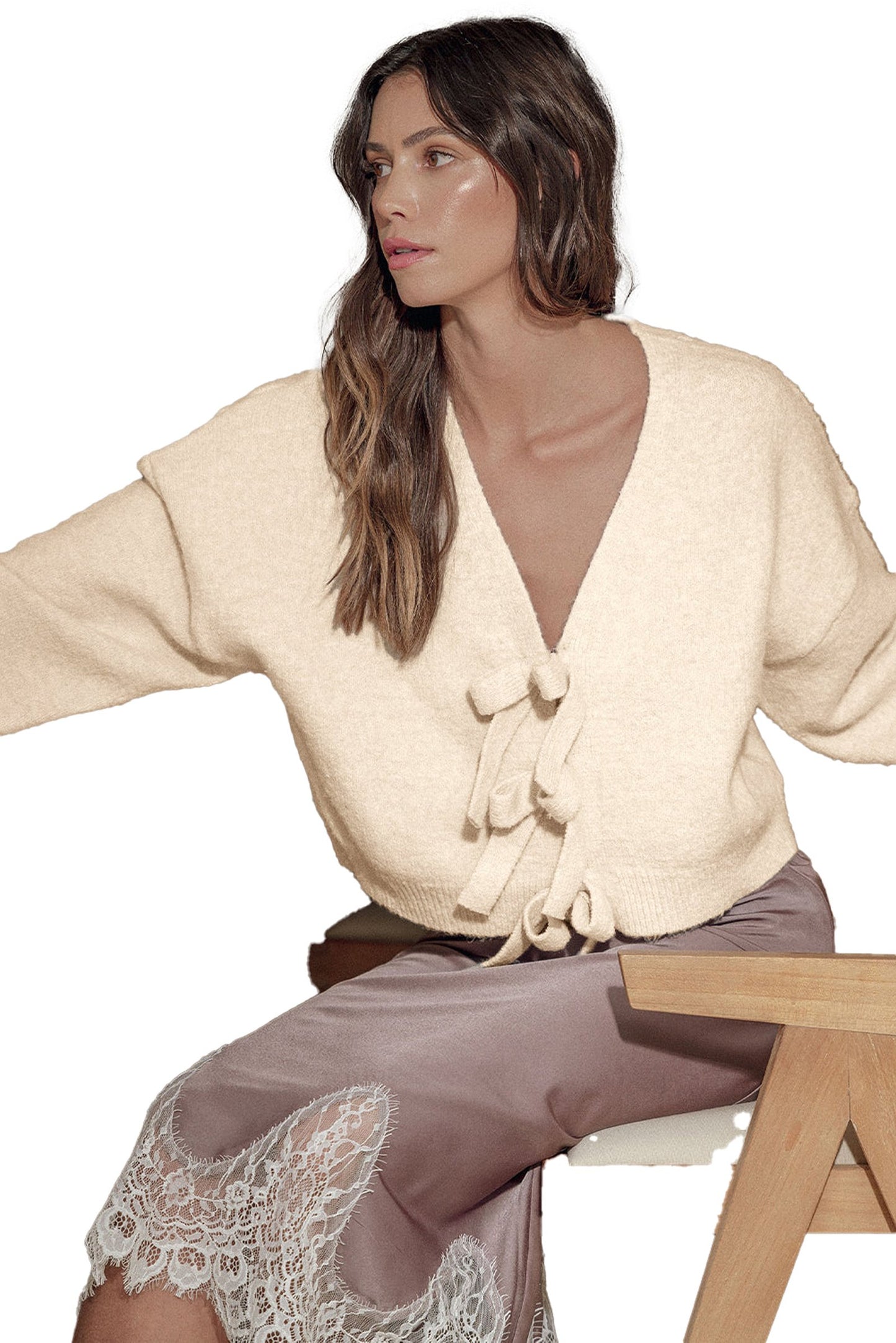 Jet Stream Bowknot Front Loose V Neck Knitted Cardigan