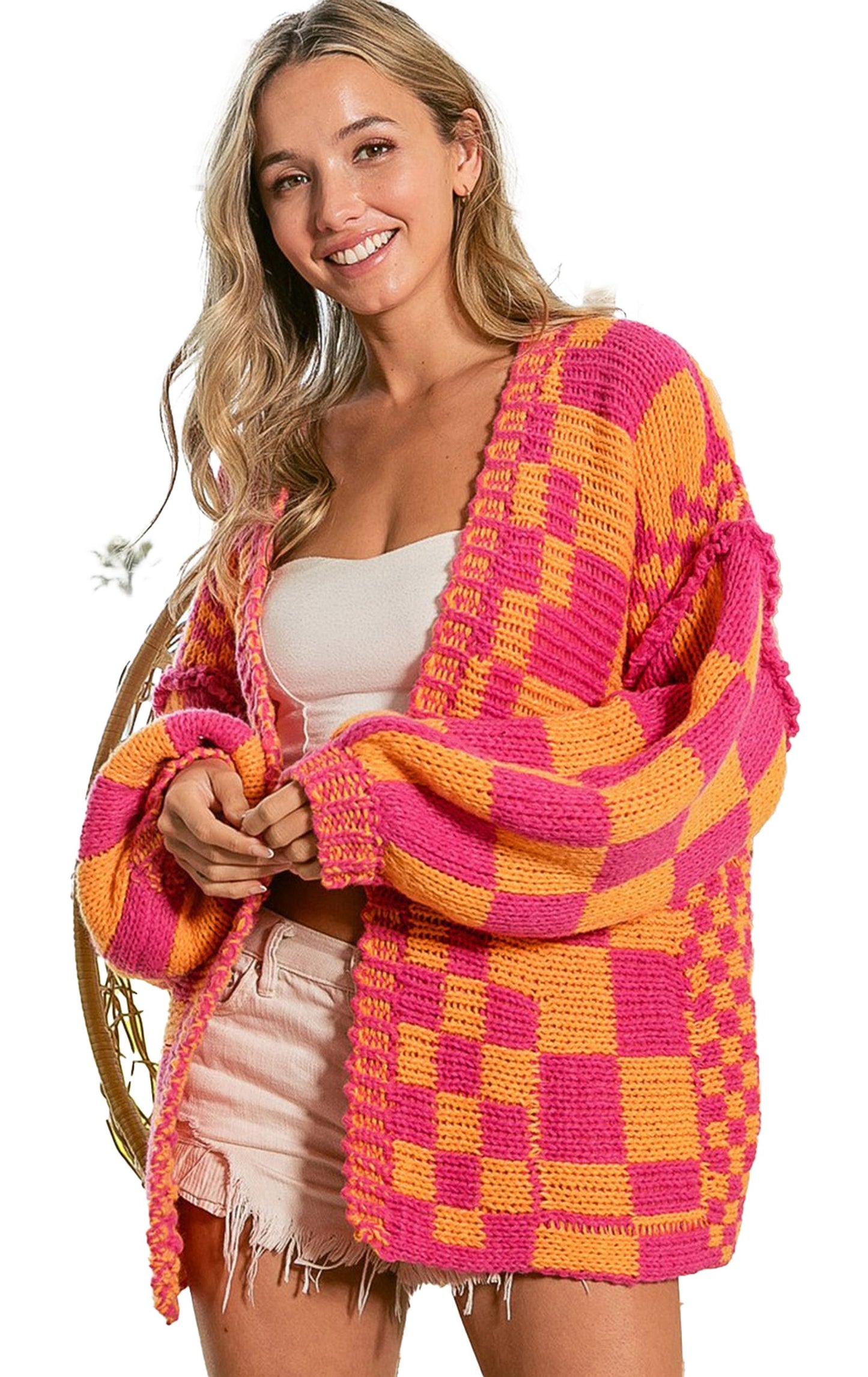 Multicolor Checkered Knit Cardigan