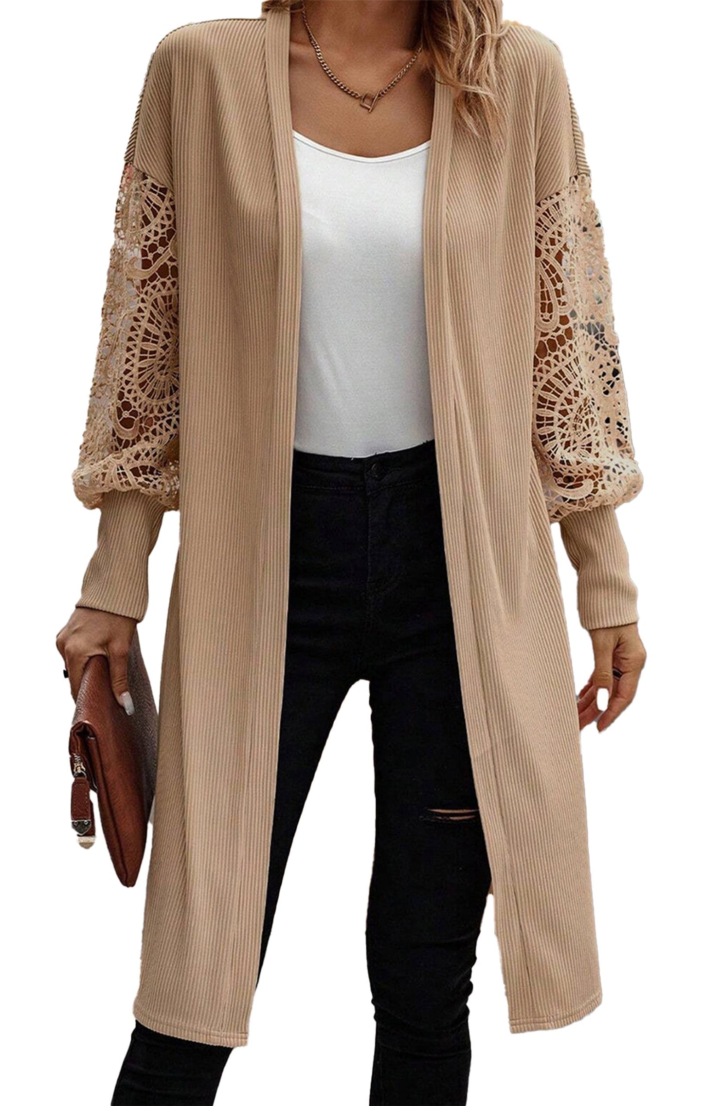 Ribbed Knit Open Front Duster Cardigan