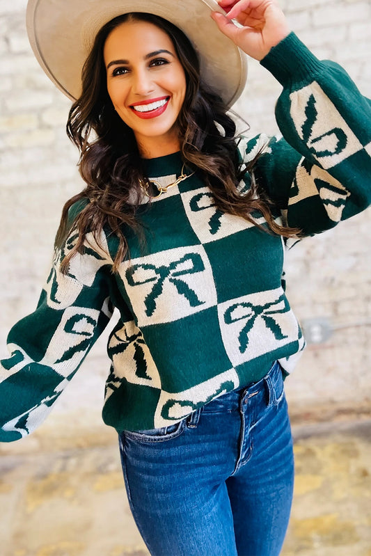 Blackish Green Checkered Sweater For Trendy Style