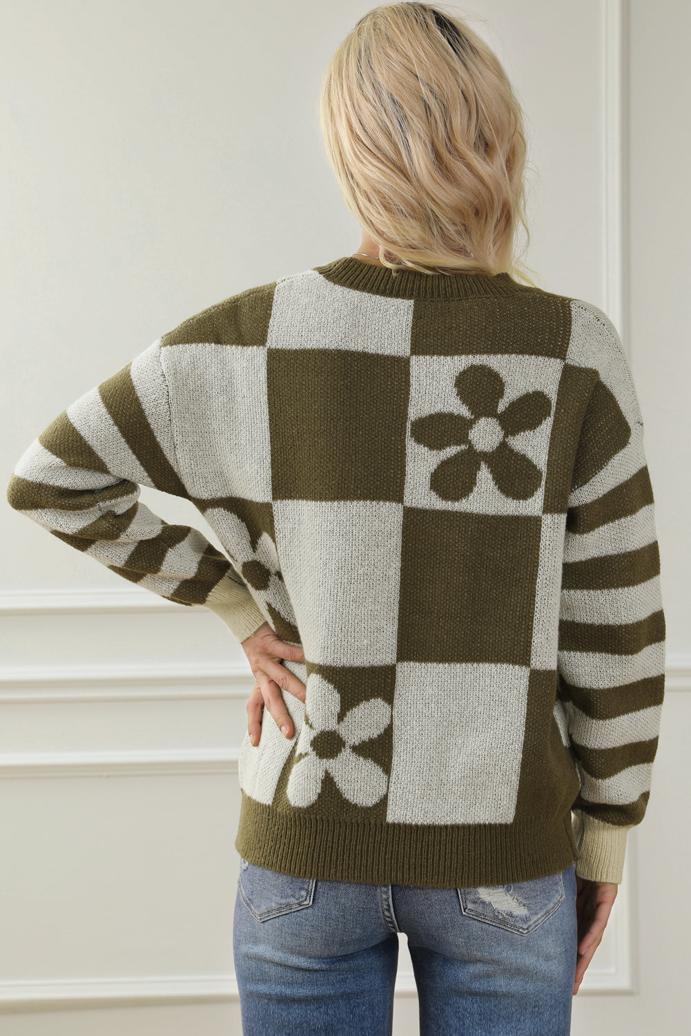 Brown Checkered Floral Sweater