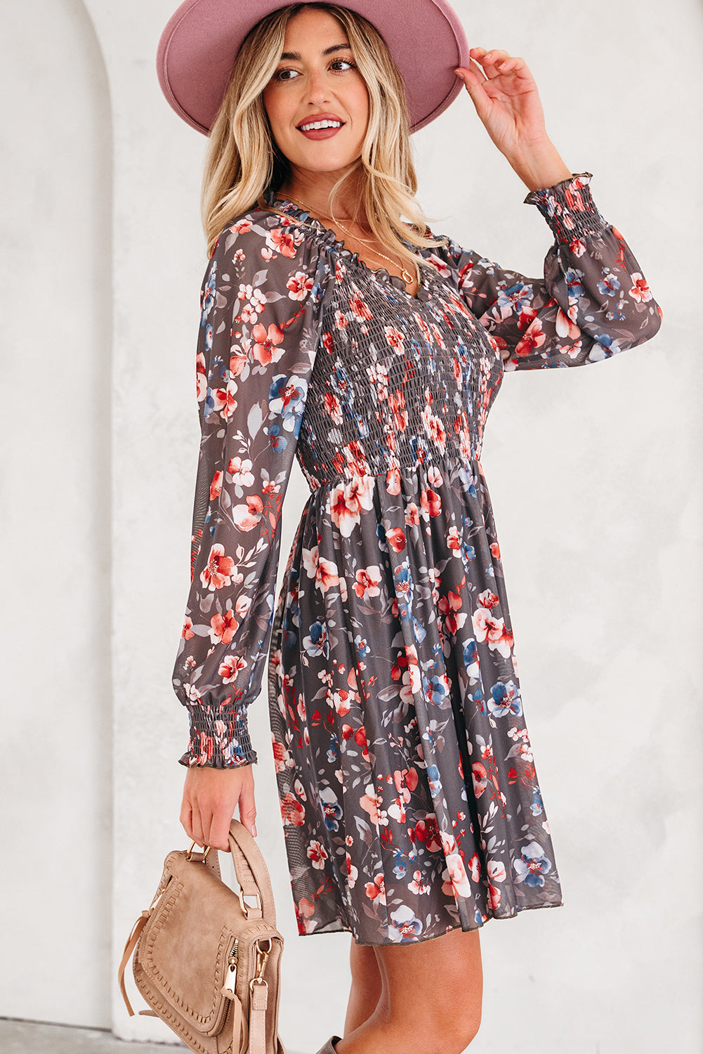 Brown Floral Mesh Mini Dress Smocked V-Neck