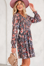 Brown Floral Mesh Mini Dress Smocked V-Neck