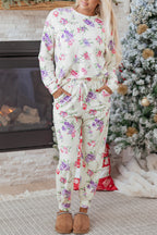 Apricot Floral Print Pullover Drawstring Lounge Pants Set
