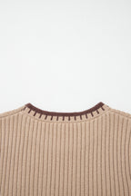 Light French Beige Ribbed Knit Contrast Trim Round Neck Horseshoe Sweater Vest