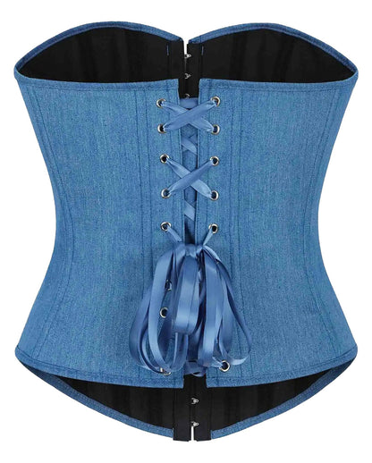 Denim corset top women with lace-up front and elegant satin ribbons for a stylish fit