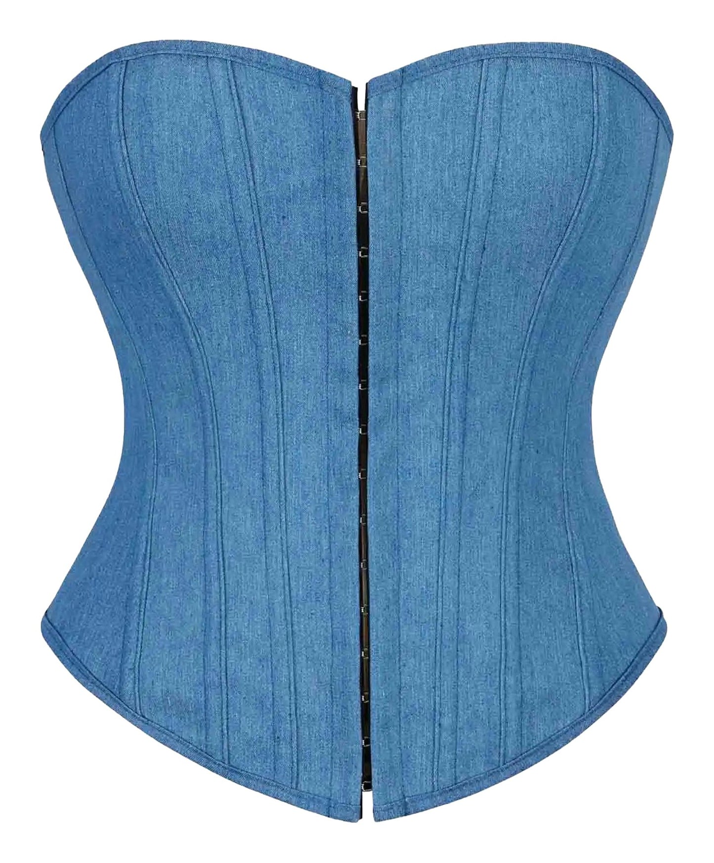 Denim corset top women featuring a structured design and front hook closure for a flattering fit