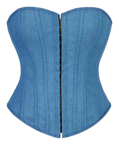 Denim corset top women featuring a structured design and front hook closure for a flattering fit