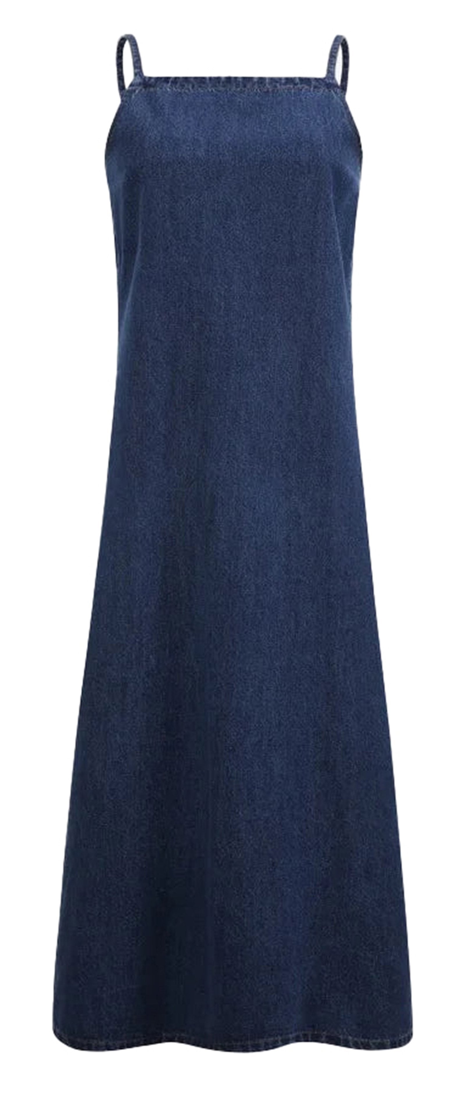 LuckeLadybug LLC Denim jumper dress for women with adjustable straps in a classic blue wash