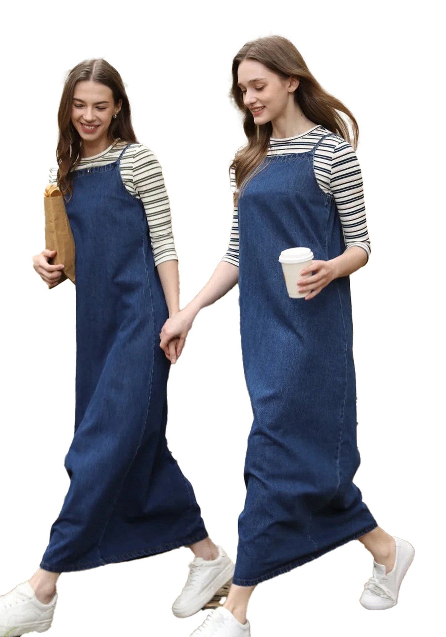 Two women wearing a denim jumper dress for women layered over striped tops, perfect for casual outings.
