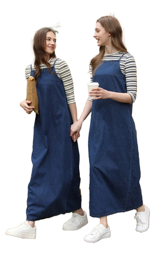 Casual denim jumper dress for women with a relaxed fit, ideal for everyday wear.