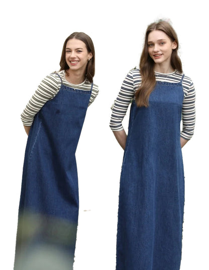 Denim jumper dress for women featuring a relaxed fit and stylish design, perfect for casual outings.