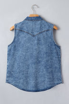 Dusk Blue Buttoned Front Collared Sleeveless Denim Vest