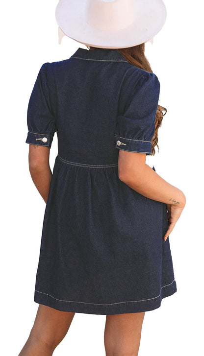 Back view of a LuckeLadybug denim puff sleeve dress with a flared skirt and button details