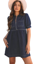LuckeLadybug denim puff sleeve dress with front zipper and two pockets for a stylish look