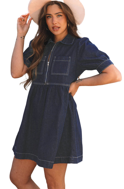 LuckeLadybug denim puff sleeve dress featuring a front zipper and stylish pockets