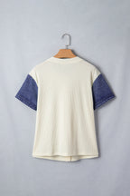 LuckeLadybug LLC Women's Denim Shirt with Short Sleeves and Contrast Denim Sleeves