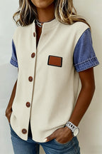 LuckeLadybug LLC Beige and Denim Shirt with Short Sleeves and Decorative Pocket