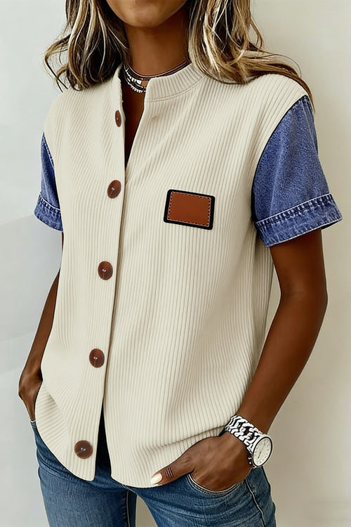 LuckeLadybug LLC Beige and Denim Shirt with Short Sleeves and Decorative Pocket