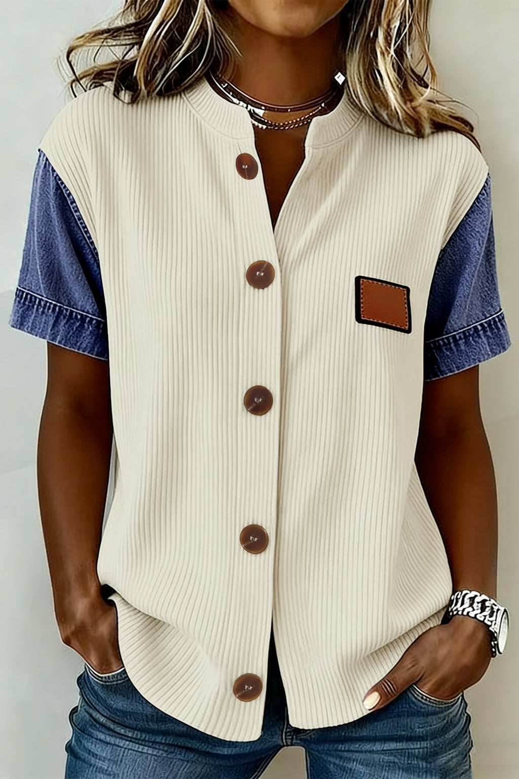 LuckeLadybug LLC Denim shirt featuring a ribbed design and contrasting denim sleeves for a stylish look