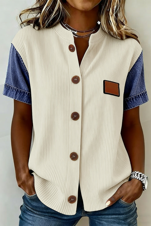 LuckeLadybug LLC Denim shirt featuring a ribbed design and contrasting denim sleeves for a stylish look