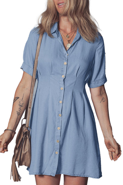 LuckeLadybug denim shirt dress for women with button-down front and short sleeves, perfect for casual outings