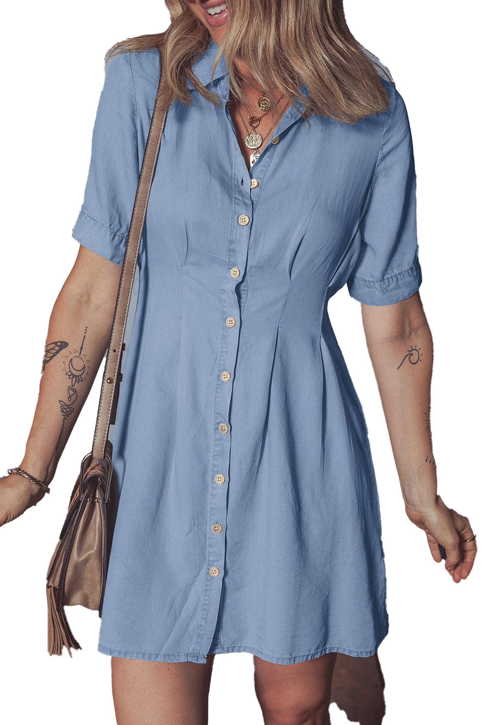 LuckeLadybug denim shirt dress for women in light blue with buttons and short sleeves