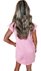 LuckeLadybug Denim shirt dress for women in soft pink with a relaxed fit and rolled sleeves