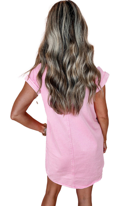 LuckeLadybug Denim shirt dress for women in soft pink with a relaxed fit and rolled sleeves