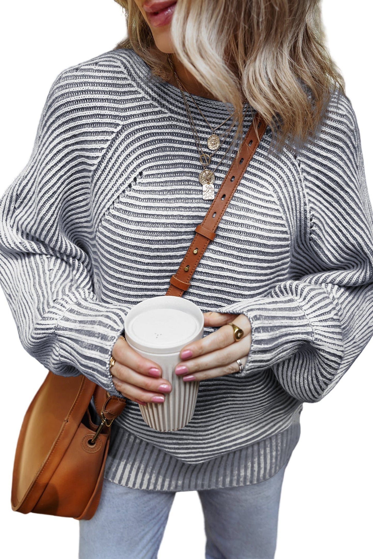 Blue Striped Knit Boat Neck Sweater